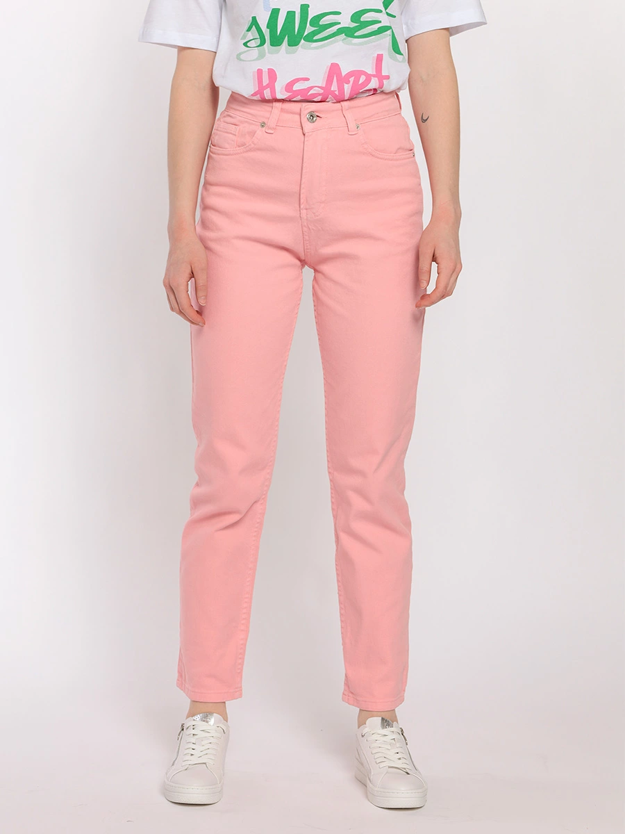 Розовые джинсы-стрейч с высокой талией